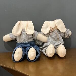 Pair (2) Homemade Muslim Rabbits Girl /boy Vintage Primitive Folk Easter Bunnies